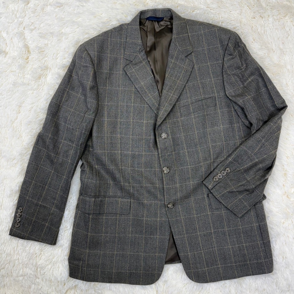 Burberry London Blazer Mens 44 Reg Grey Windowpane Plaid 100% Wool‎ Old Money